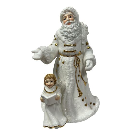 Unknown Other - White and Gold Porcelain Santa with Angel Singing Figure Excellent!‎